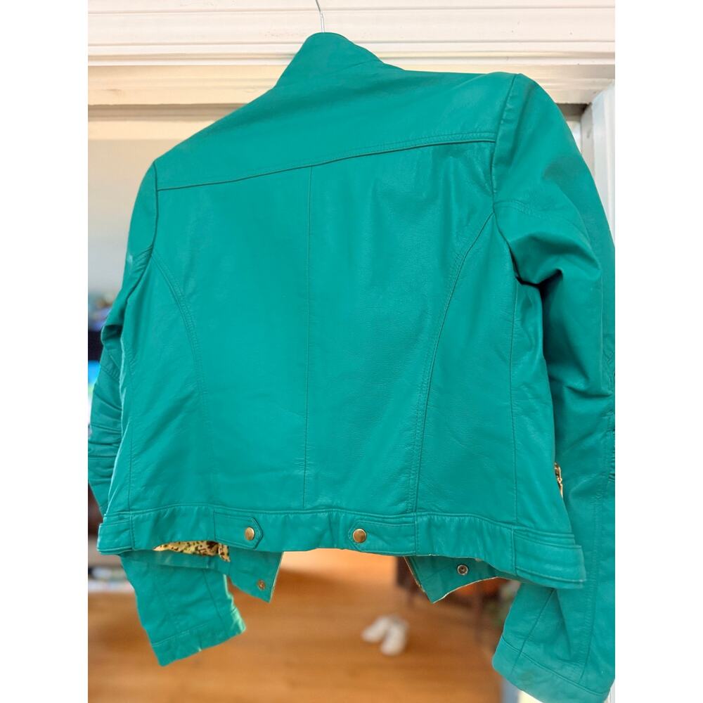 Traphiche Emerald Green Leather Moto Jacket Floral Lined - Picture 3 of 7